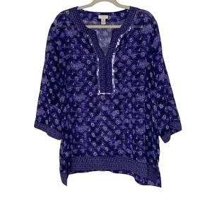 Chico’s purple diamond sheer tunic blouse‎ with sequin neckline. Size 3 (XL 16)